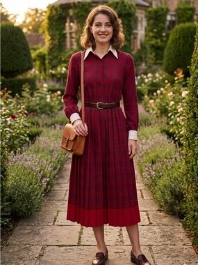 Vintage Rocco Red Plaid Midi Shirt Dress with Contrasting Collar made in Japan